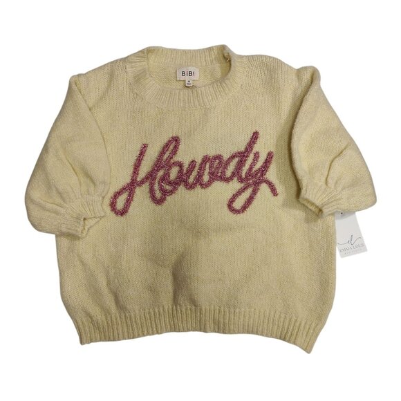 BiBi Women's Yellow Knit Sweater Pink "Howdy" Text Size M - Picture 1 of 5